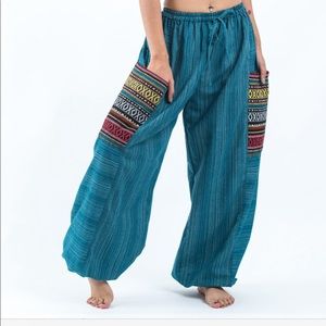 Drawstring Cotton Pants Aztec Pockets Turquoise